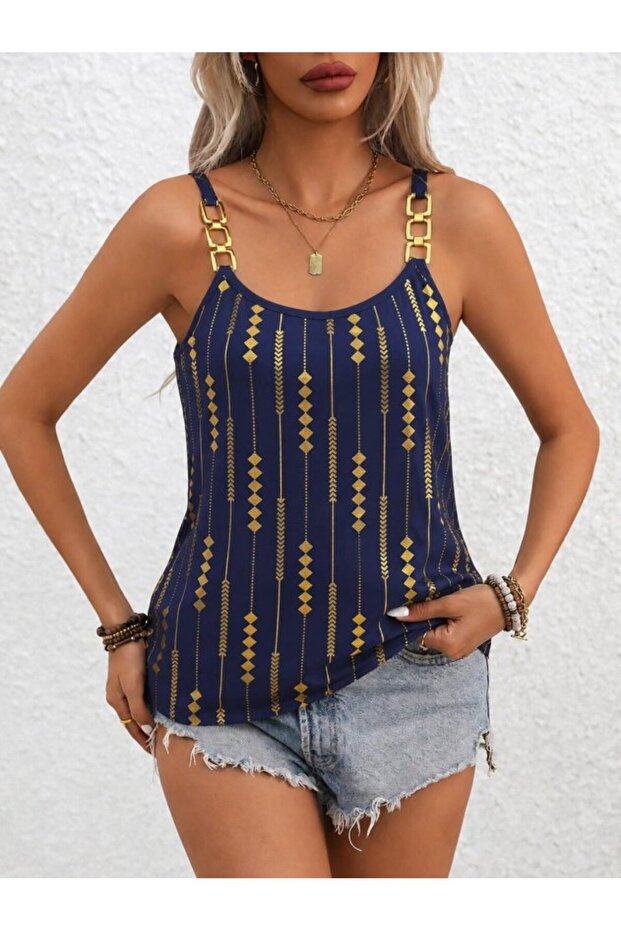 Women's Strappy Round Neck Patterned Viscose Blouse