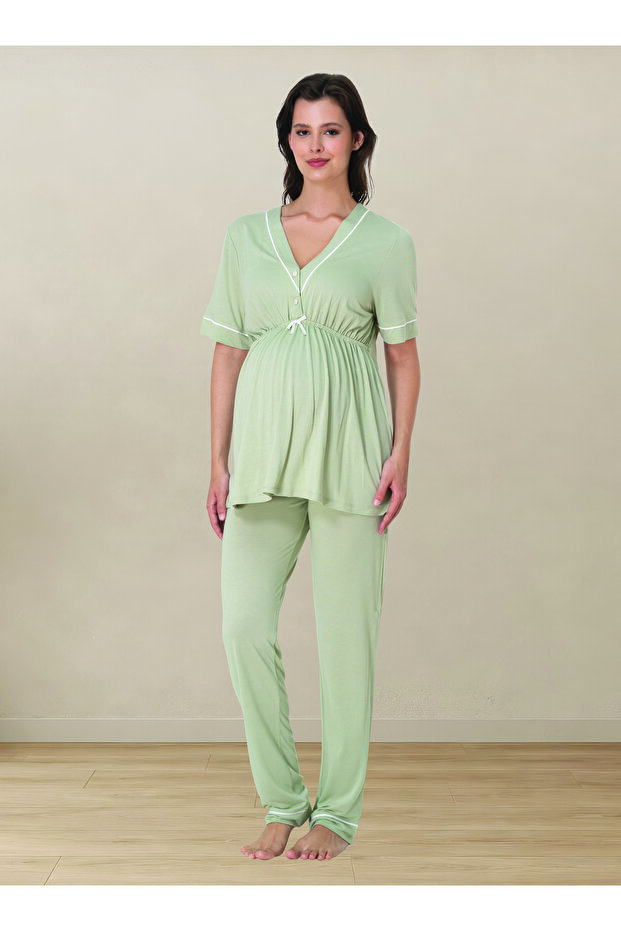 Short-Sleeved Maternity and Postpartum Detachable Waist Pajama Set with Breastfeeding Feature