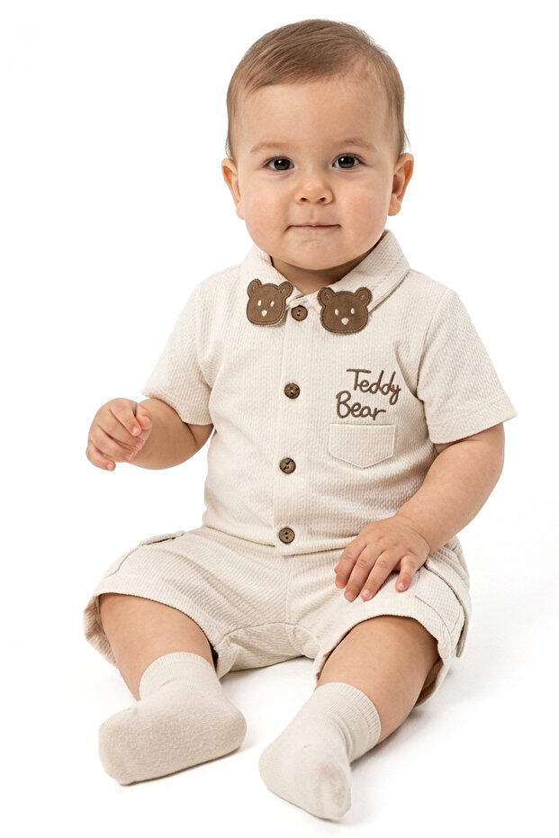 Baby Boy Ecru Bear Emblem Collared Shorts Set of 2