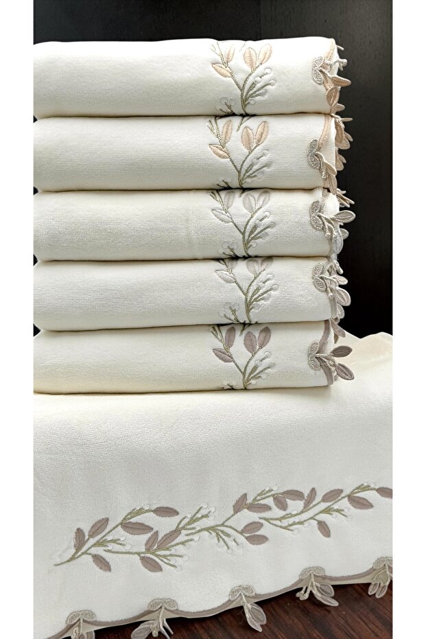 6-Piece Olive Green Embroidered Dowry Box 50X90 Hand Towel Set