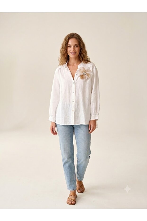 Asso Floral Detailed White Linen Blouse 9780