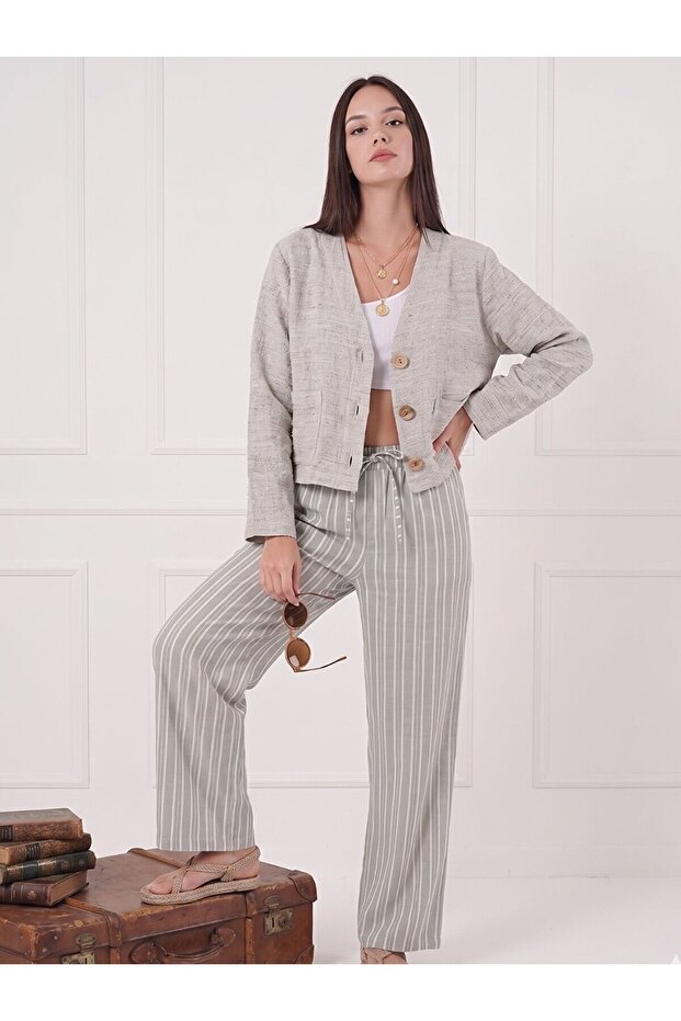 Gray Striped Adjustable Waist Linen Cotton Trousers