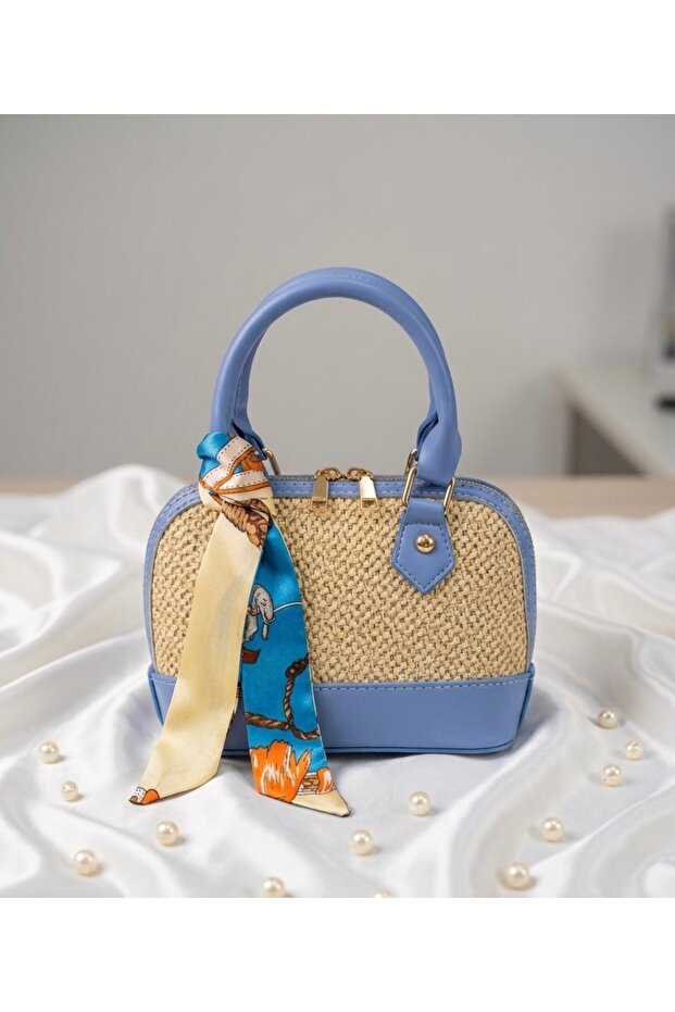 Scarf Detailed Straw & Leather Combination Women's Shoulder Bag