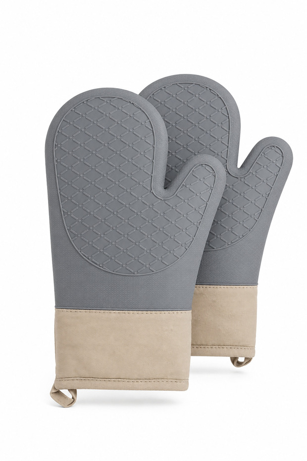 Gray Silicone Oven Gloves Double Set 29X18 cm Heat Resistant Non-Slip Kitchen Gloves