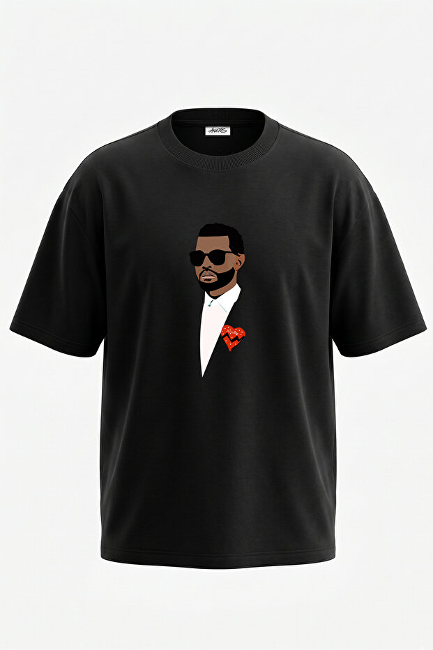 Kanye West_50 Design Printed Unisex Oversize Fit Black Tshirt