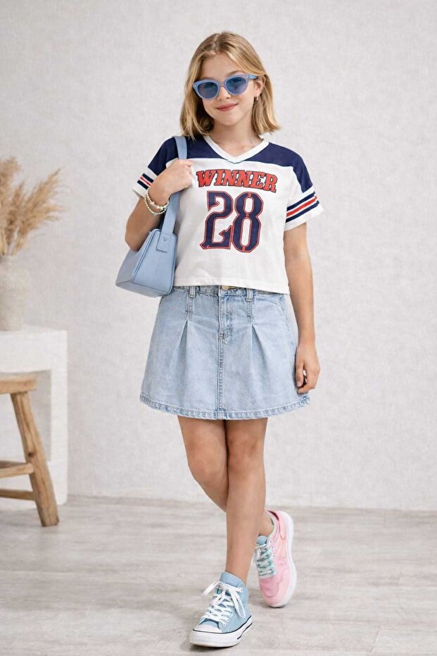 Girl's Cotton Pleated Single Denim Skirt - No T-Shirt