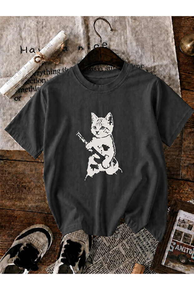 Unisex Y2K Guitar and White Cat Printed Oversized T-Shirt