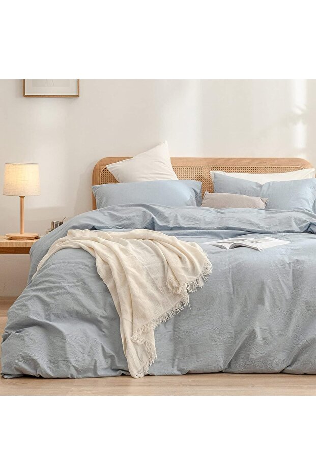 Duvet Cover Set 100% Washed Cotton Linen Feel Super Soft Comfortable Chic Lightweight 2 PCs Home Bedding Set Solid Cornflower Blue Twin/Twin XL