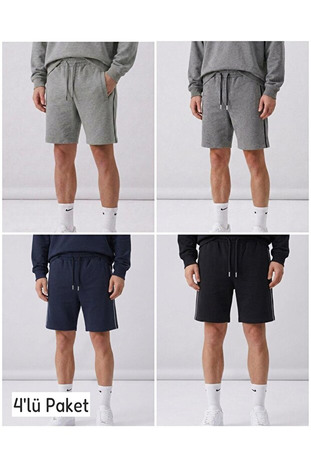 Men's Gray-Navy Blue-Smoked-Black 4-Pack Cotton Shorts with Side Pockets, Front Zipper Pocket, and Back Pocket