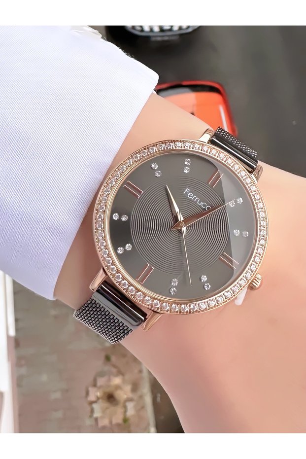 Women's Black Wicker Metal Cord Rose Gold Stone Wristwatch with 2 Years Warranty