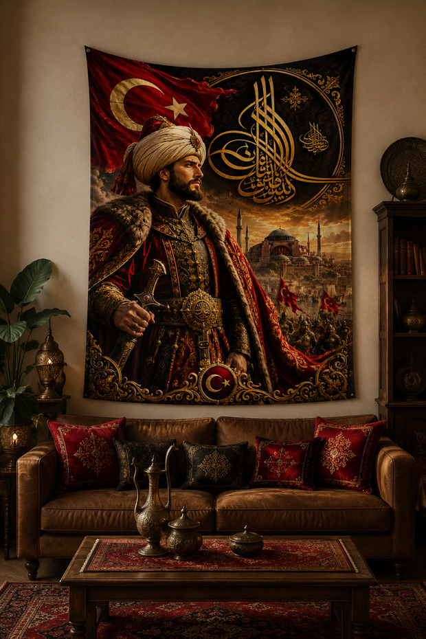 Fatih Sultan Mehmet and Tuğra Themed Wall Covering Banner Thick Fabric