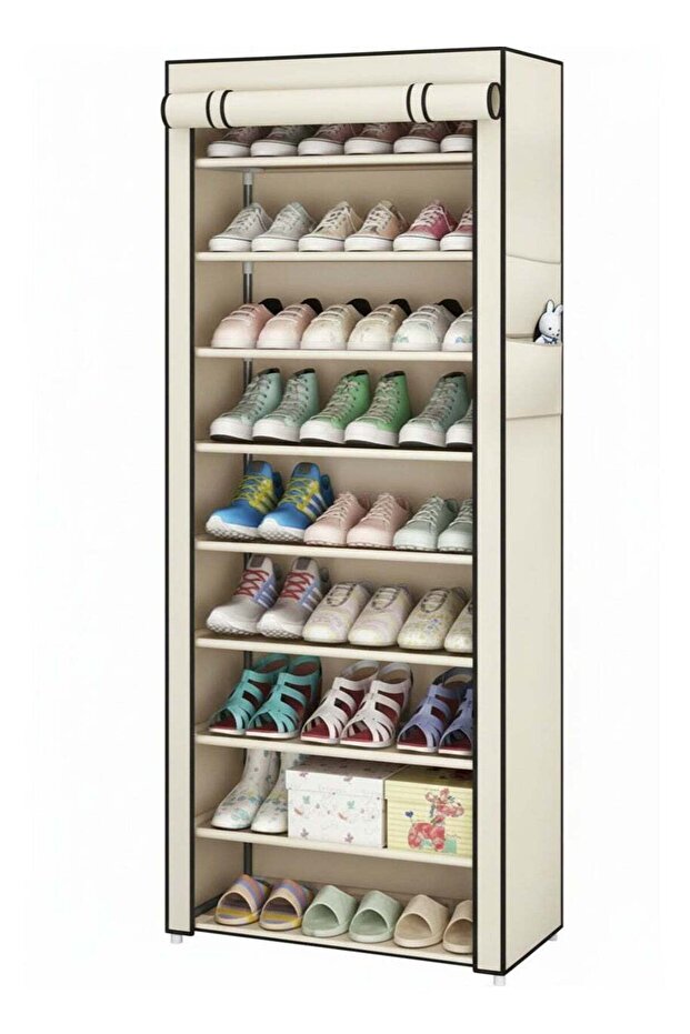 9-Tier Shoe Organizer With Dustproof Canvas Cover 45-Pair Capacity - Cream