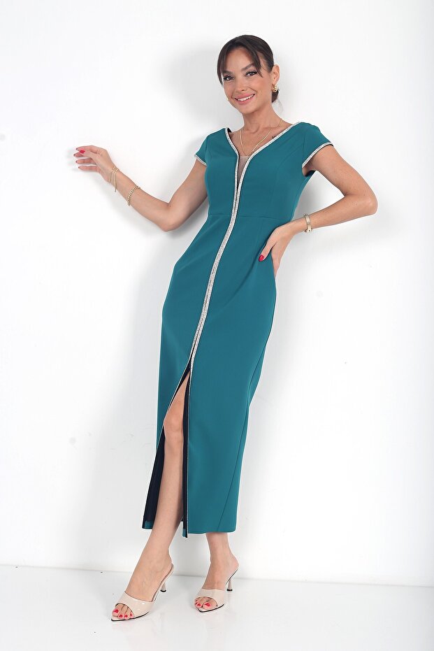 V-neck Double Nail Sleeve Jewelled Slit Dress