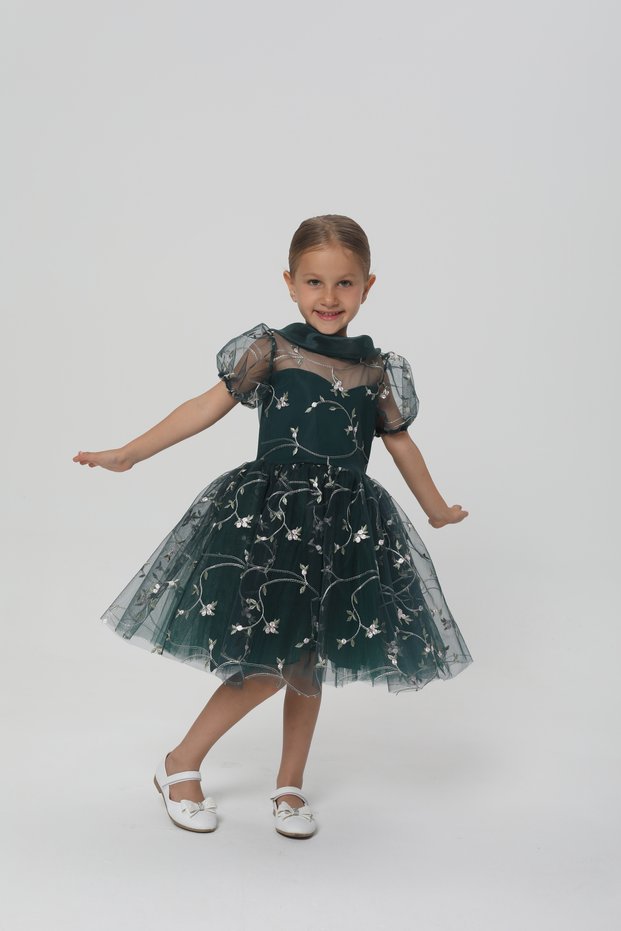 Girls' Flower Embroidered Scarf Collar Evening Dress Balloon Sleeve Princess Dress