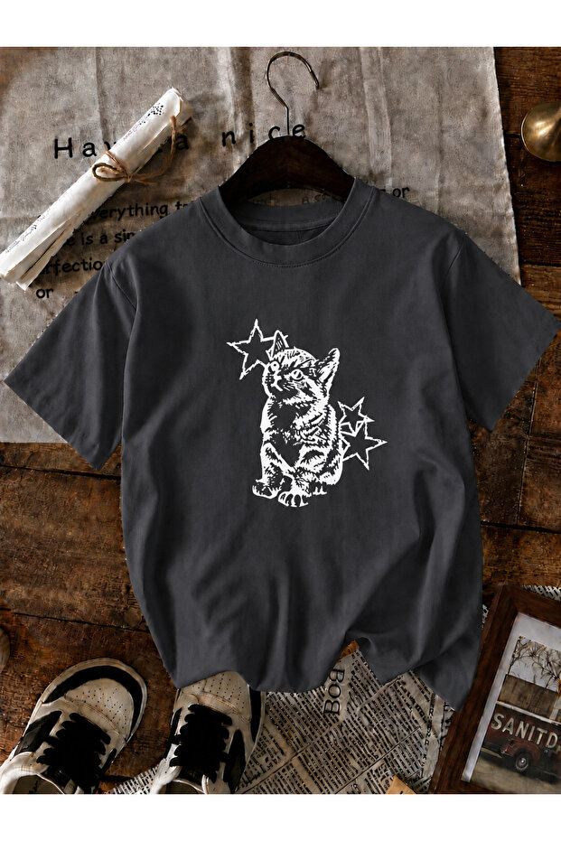 Women's Y2K Star Cat Printed Oversized T-Shirt Smoked