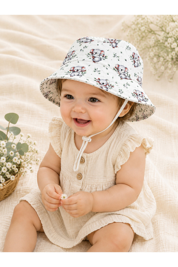 Koala Patterned 2 Layer Muslin Unisex Baby Kids Bucket Hat