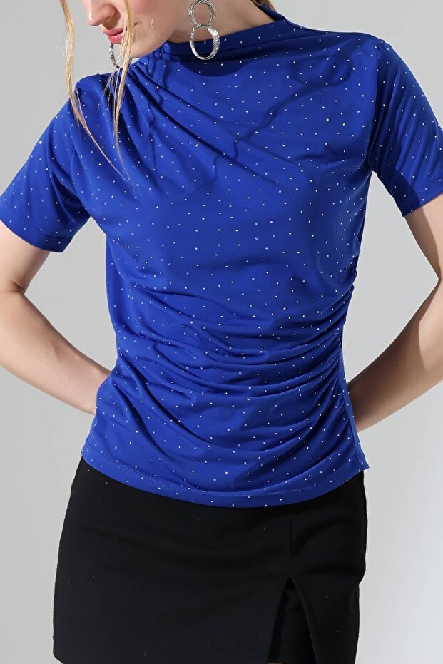 Women's Stoned Sandy Draped High Neck Blouse