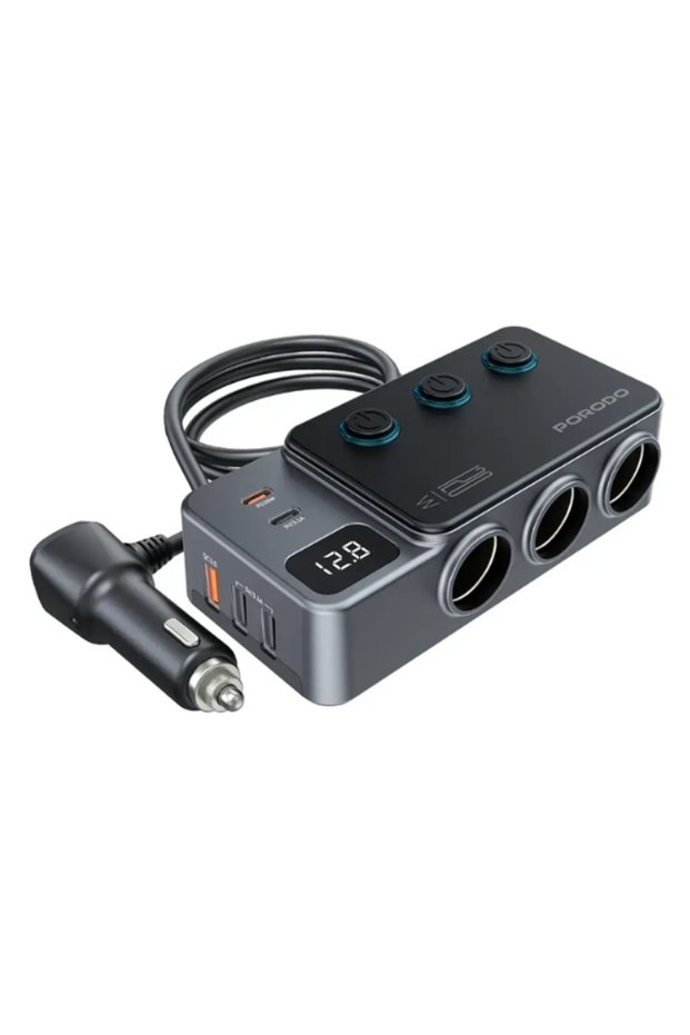 120W Car Charger Hub - Triple Lighter Sockets, 3 USB-A & 2 USB-C, Voltage Display