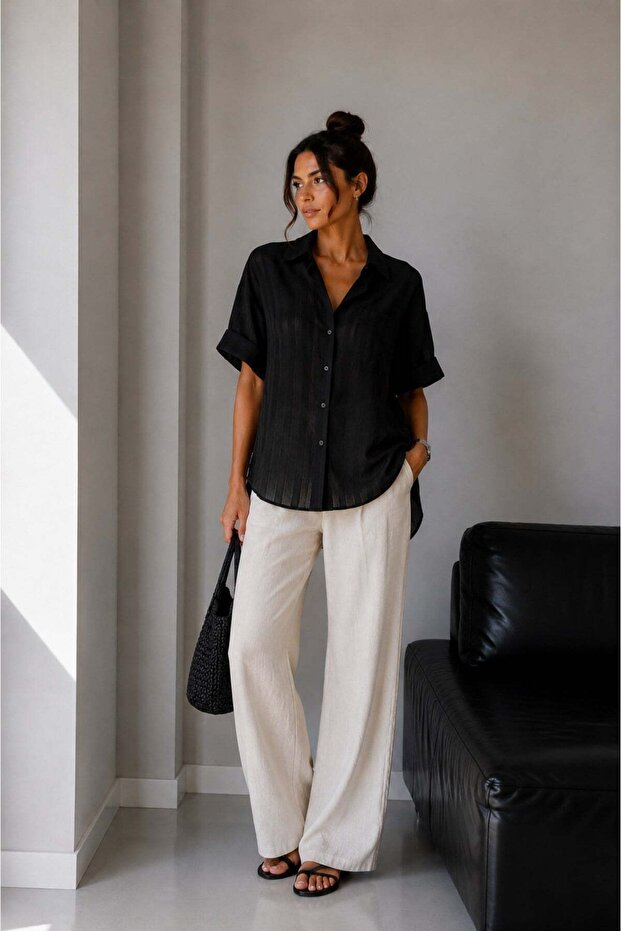 1030 Women's Cotton Striped Slightly Transparent Short Sleeve Oversize Shirt Black