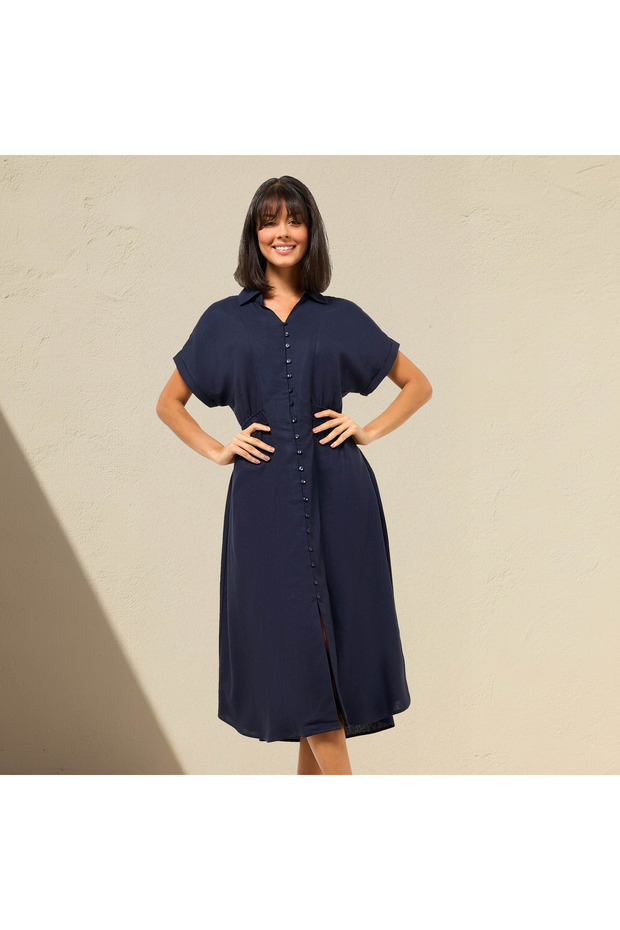 A-line Midi Linen Blend Shirt Dress with Cinched Waist
