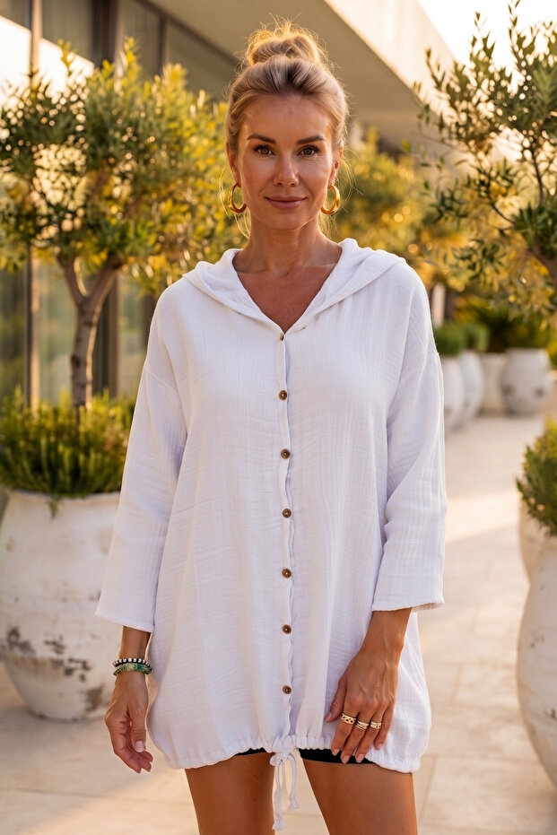 White Hooded 3/4 Sleeve Buttoned Jacket with Star Appliqué on the Back and Tieable Skirt Cotton Woven Jacket 75 62