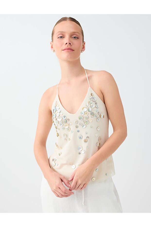 Stone Button Detailed Halter Neck Mesh Blouse