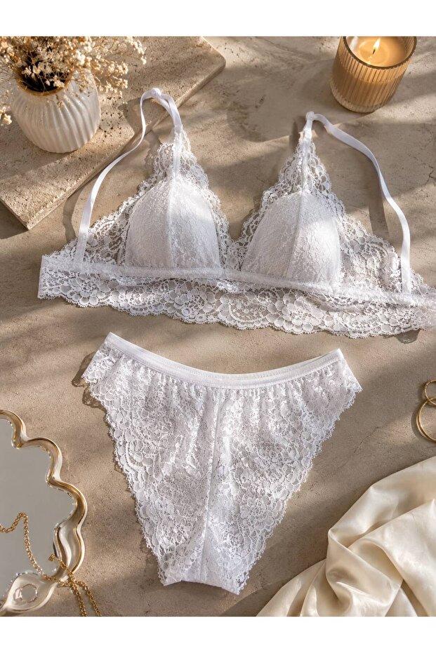 Bella Pearl White Lace Bralet Set
