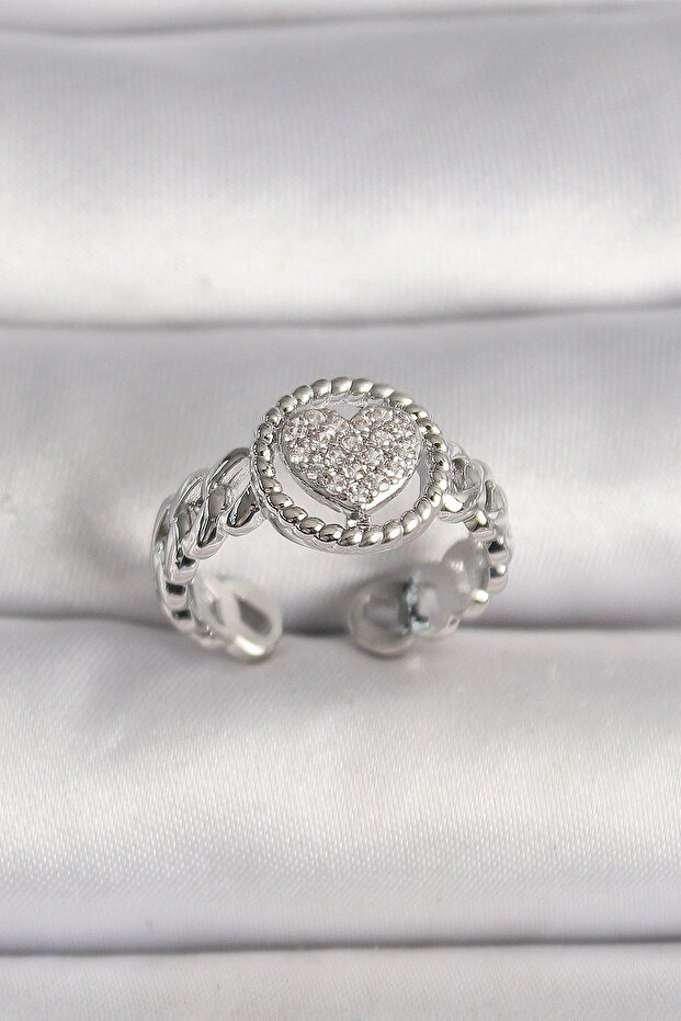 Brass Silver Color Chain Model Zircon Stone Heart Model Women's Ring