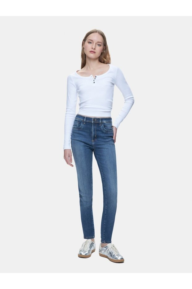 Jonna 100 Slim Leg High Waist Mid Indigo Jean Pants