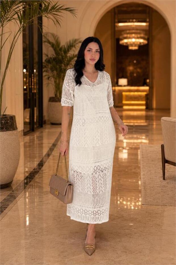 Women's Beige Openwork Midi Length Lace Dress Nbk093