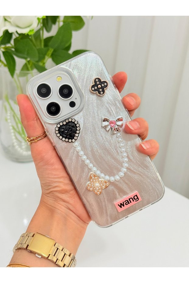 iPhone 14 Pro Max Stone Case with Pearl Necklace Detail, Marble Effect 3D Heart and Motif Charm Cover