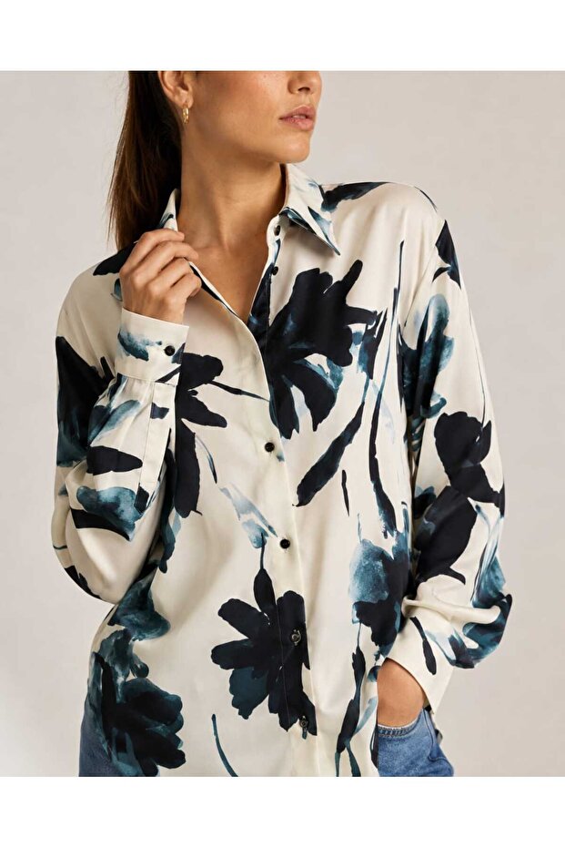Women's Patterned Cotton Satin Shirt Oversize Comfortable Fit Buttoned