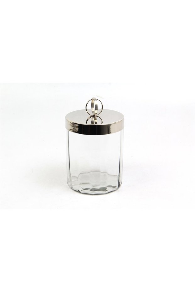 Optical Glass Small Nickel Jar with Ring Handle 13.5X13.5X19 cm | Decorative Glass Storage Jar with Silver Lid