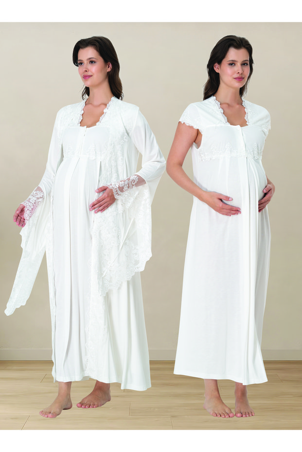 Maternity Lace Detailed Nightgown Set with Dressing Gown