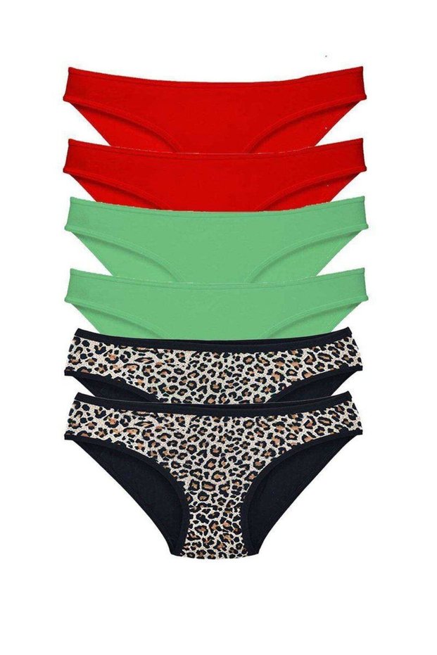 6 Pieces Lycra Women's Slip Panties Leopard Red Green
