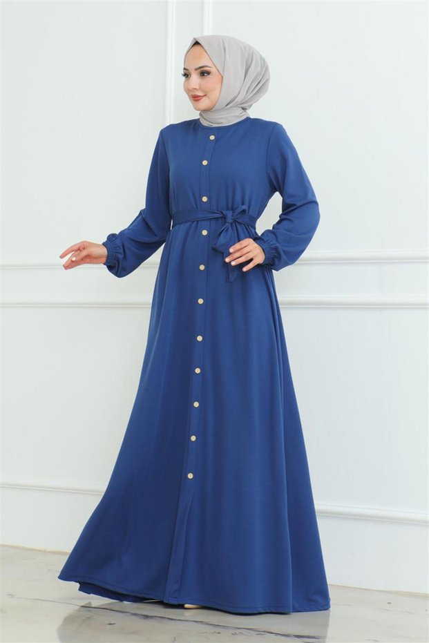 Button Detailed Belted Dress Indigo