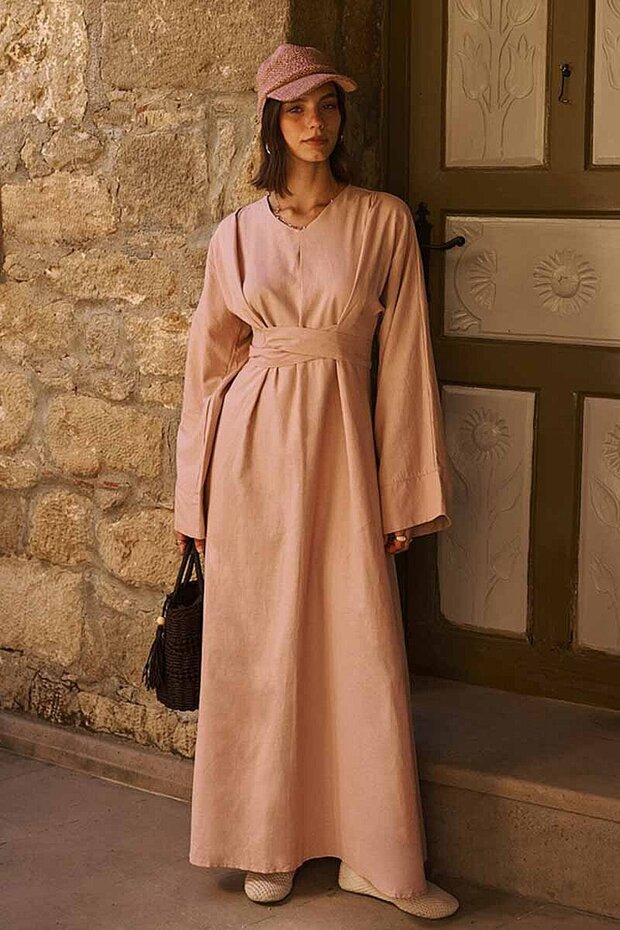 Self-Belted Linen Dress Powder