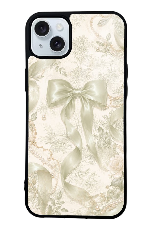 iPhone 15 Plus Ivory Pearl Bow Design Glossy Phone Case