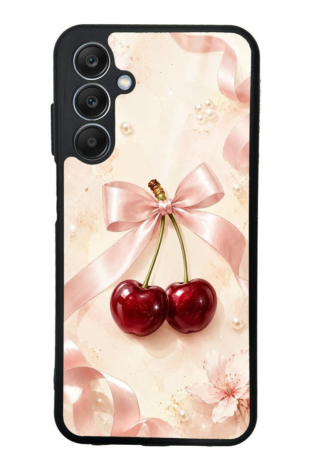 Samsung A25 Glossy Phone Case with Cherry Pearl Ribbon Design