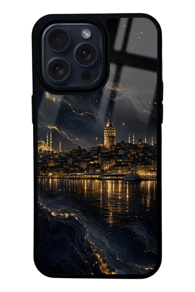 iPhone 15 Pro Max Golden Galata Night Design Glossy Phone Case