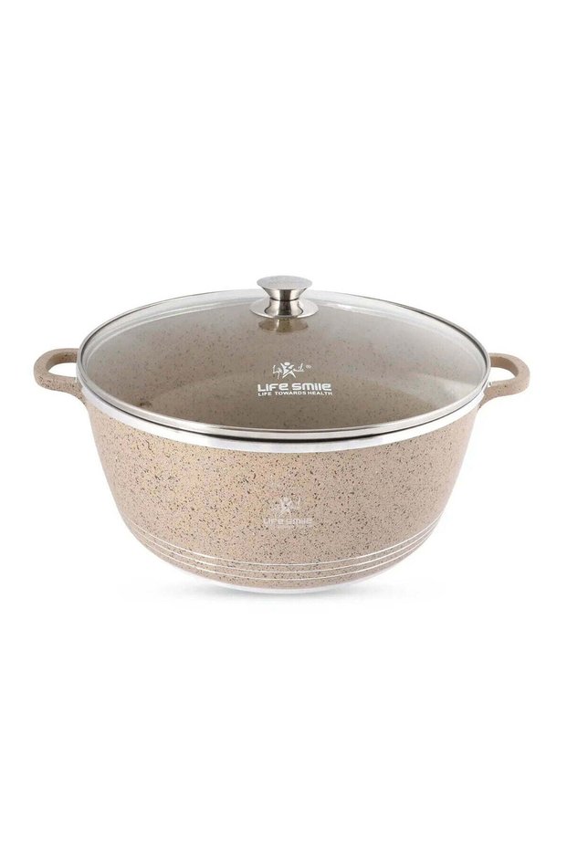 Life Smile 40 cm Oven-Safe Granite Coating Cooking Pot with Glass Lid-Beige
