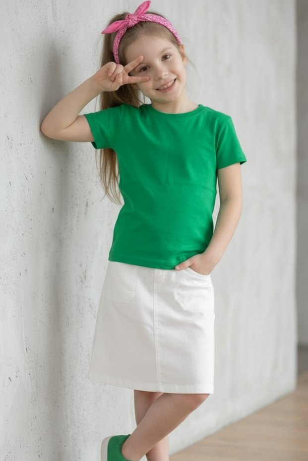 Green Short Sleeve Basic T-Shirt - Non-Sweating Flexible Fabric Cotton Seasonal Green Short Sleeve Girls' Tshirt