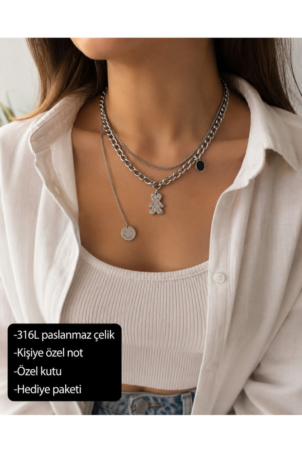 316L Stainless Steel Layered Women's Necklace with Teddy Bear Figure, Stylish Gift