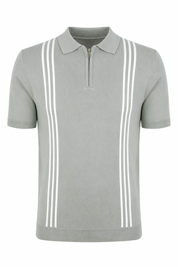Half Zipper Green - White Men's Polo Collar T-Shirt 17439