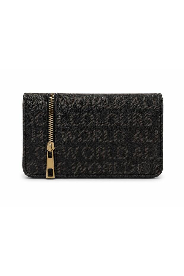 Black Text Patterned Zippered Unisex Wallet