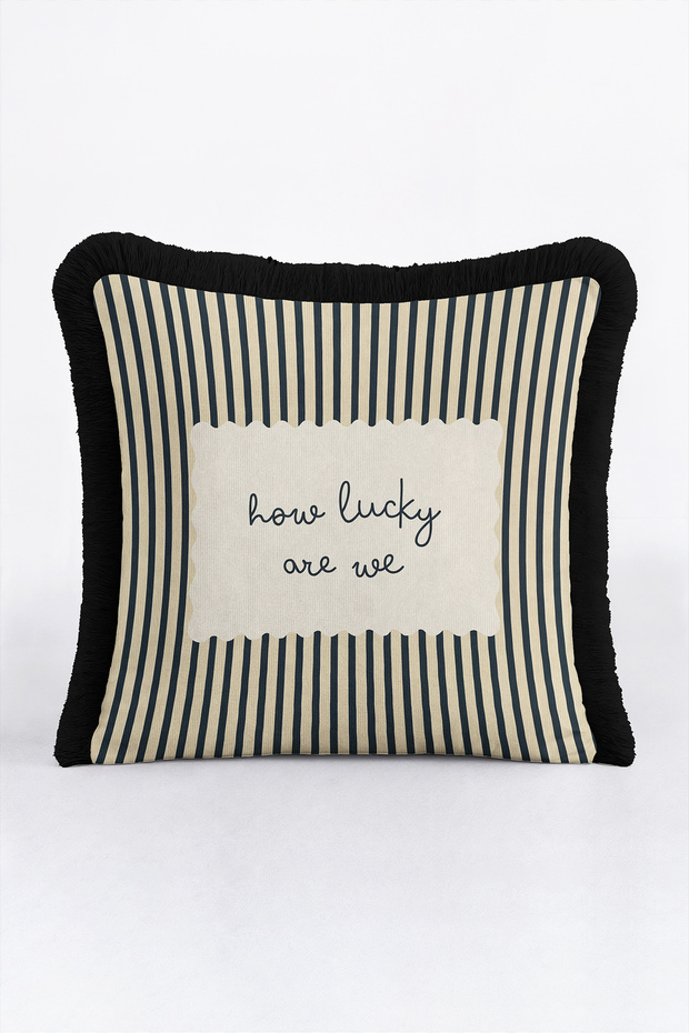 How Lucky Are We Striped Stylish Fringed Pillowcase - Motto Retro Cream Black Tassel Throw Pillow Cover