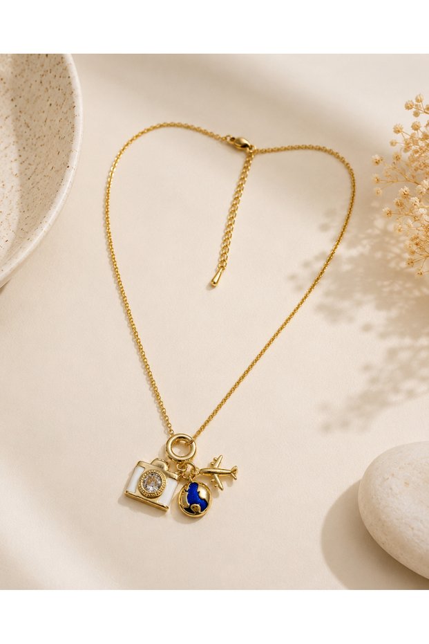 Travel Themed Camera Airplane World Figured Gold Steel Necklace