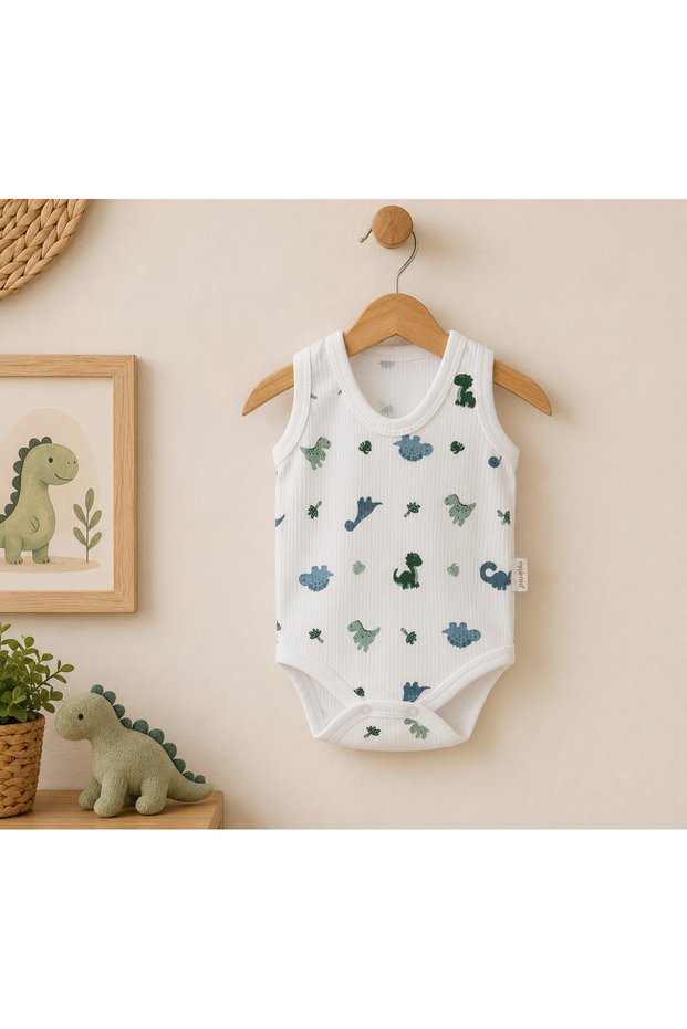 100% Cotton Baby Bodysuit with Dinosaur Pattern, Sleeveless, Snap Fasteners, Newborn 1-3-6-9 Months