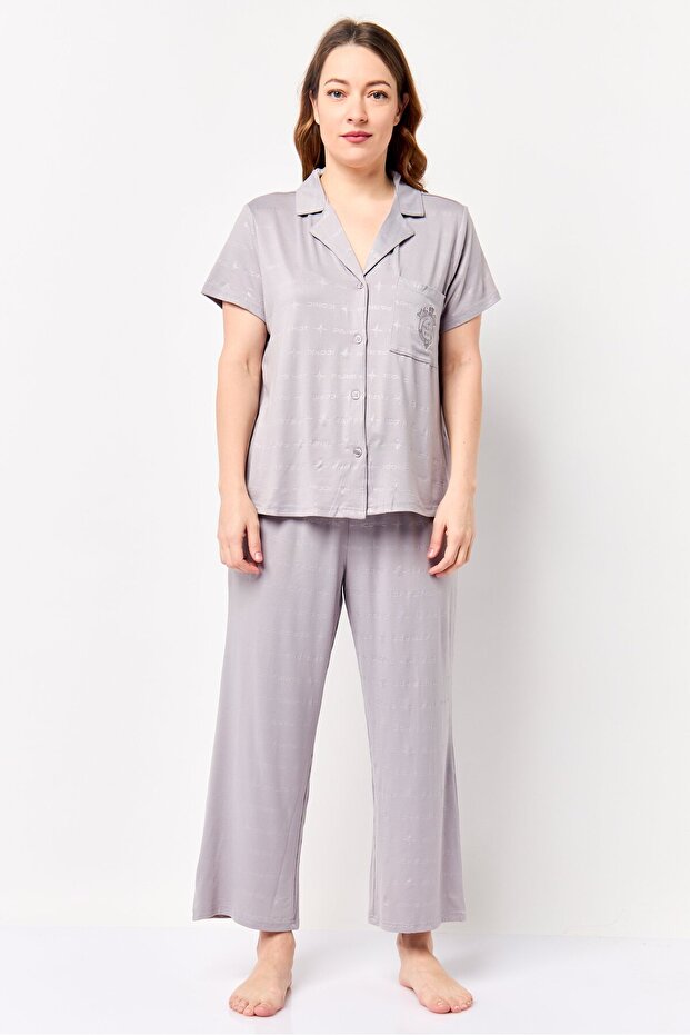 Women Embroidered Logo Top And Pajama Pants Set, Grey