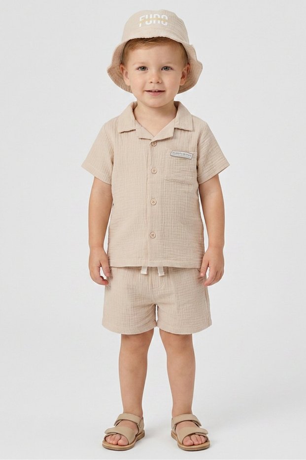 Toddlers Boy 3 Pieces Brand Logo Shirt And Shorts With Hat Set, Beige